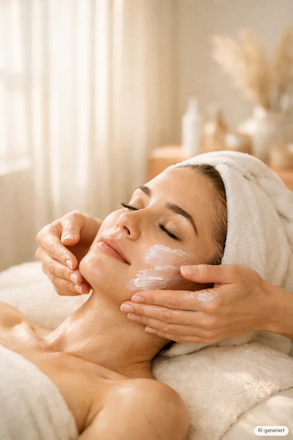 Entspannte Gesichtsbehandlung mit sanfter Massage, helle Studioatmosphäre