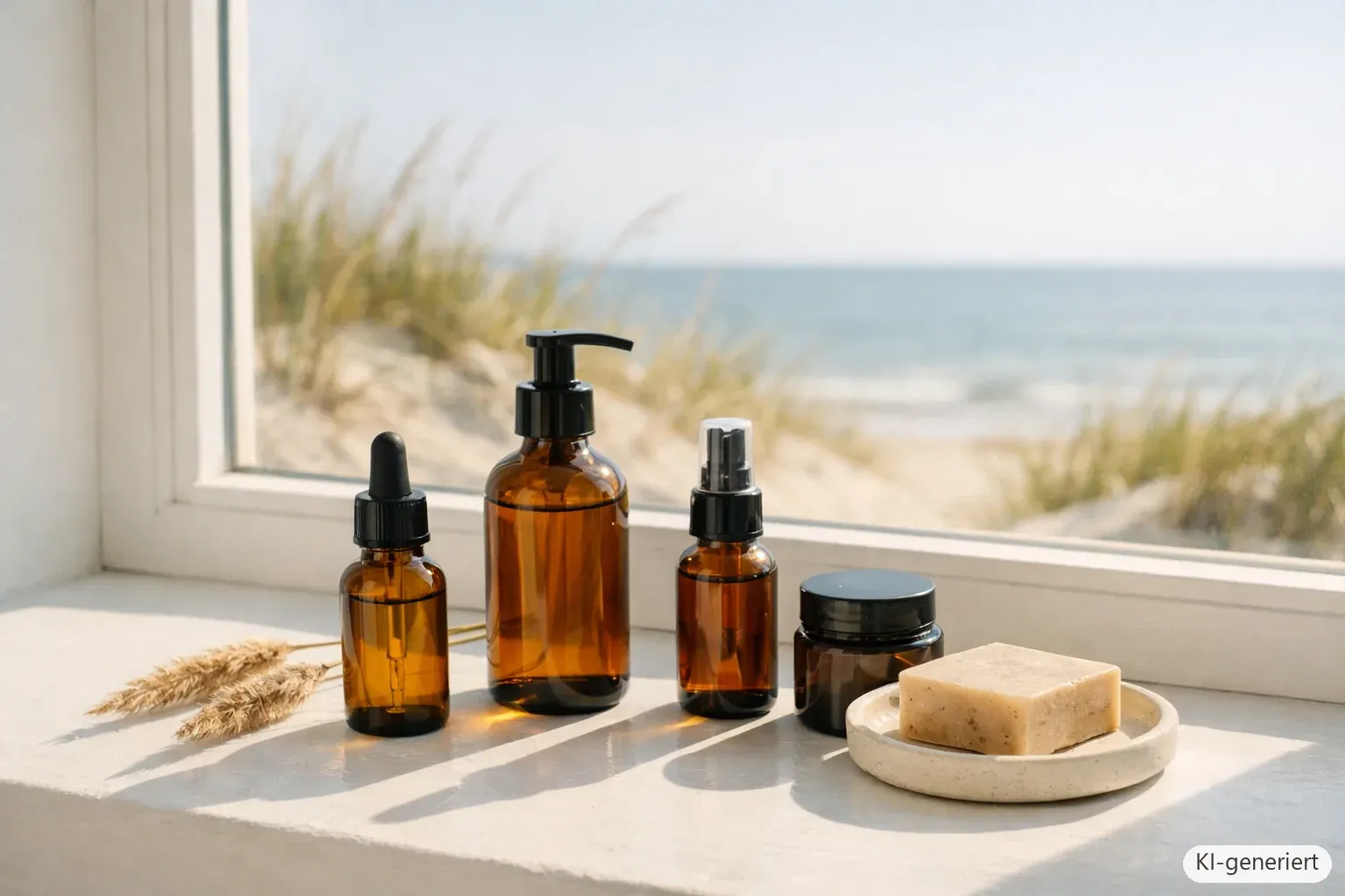 Naturkosmetik-Fläschchen auf einer sonnigen Fensterbank mit Blick auf Ostsee-Dünen